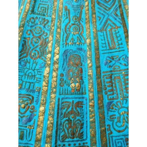 1950s MAYA de MEXICO Mayan Hieroglyph Hand Painted Aqua/Gold Circle Skirt sz. XS - Picture 10 of 14